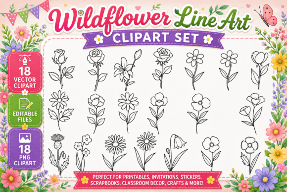 Download Wildflower Digital Line Art Clipart Set - Premium Resources
